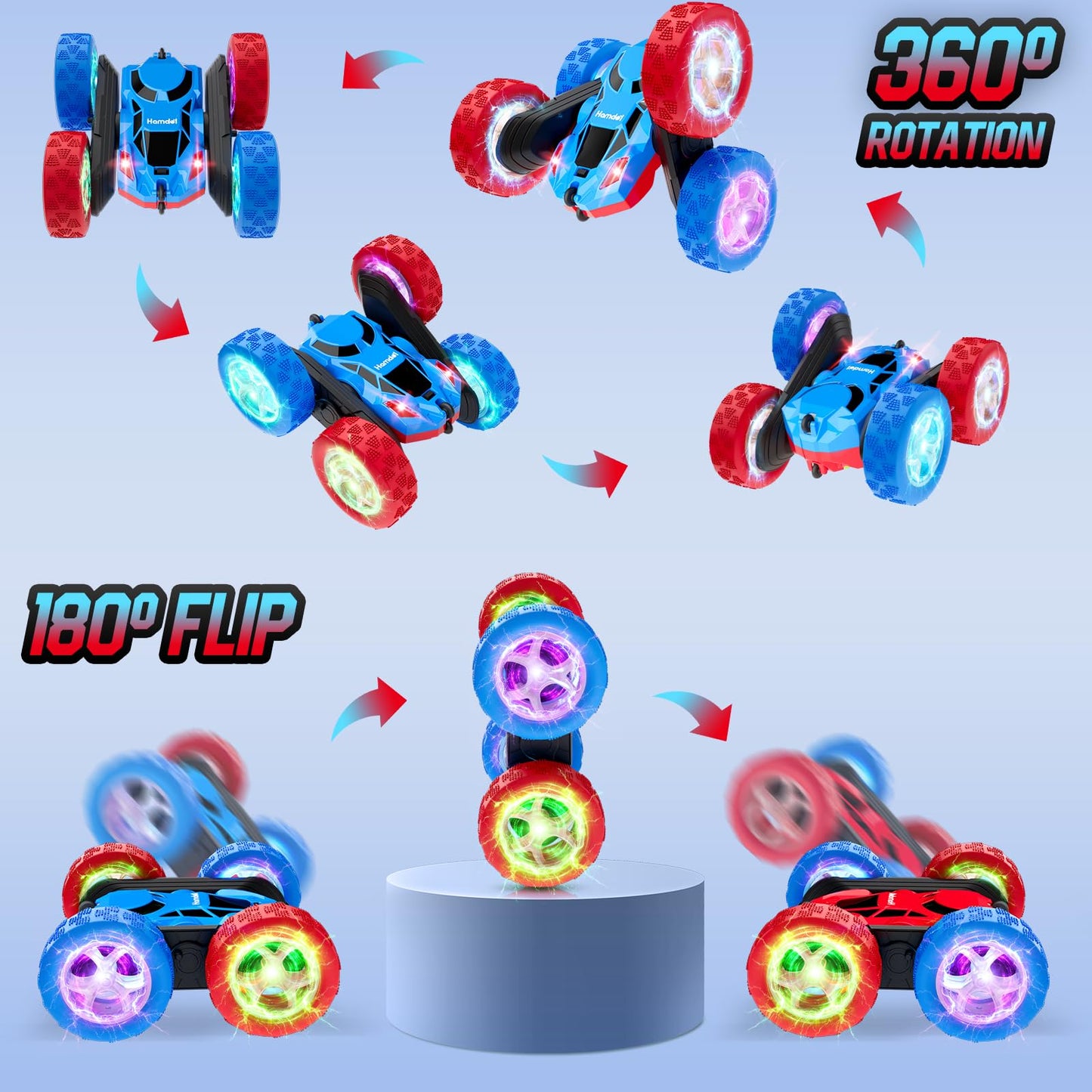 Hamdol Remote Control Car for Kids, 360° Rotating Double-Sided RC Car with LED Headlights, 4WD 2.4GHz Electric Rechargeable Toy Vehicle for Boys and Girls, Perfect Birthday