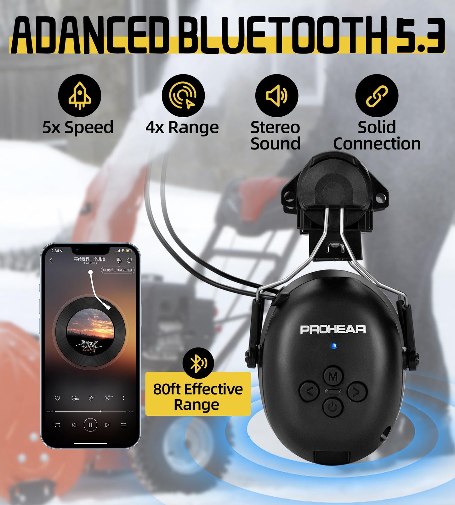 PROHEAR 037 Bluetooth 6.0 Hearing Protection Headphones with Rechargeable 1500mAh Battery, 30dB SNR Safety Noise Reduction Ear Muffs 120H Playtime for Mowing, Workshops, Snowblowing - Black