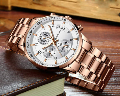 CRRJU Men's Fashion Stainless Steel Watches Date Waterproof Chronograph Wristwatches,Black Steel Band Waterproof Quartz Watch for Men