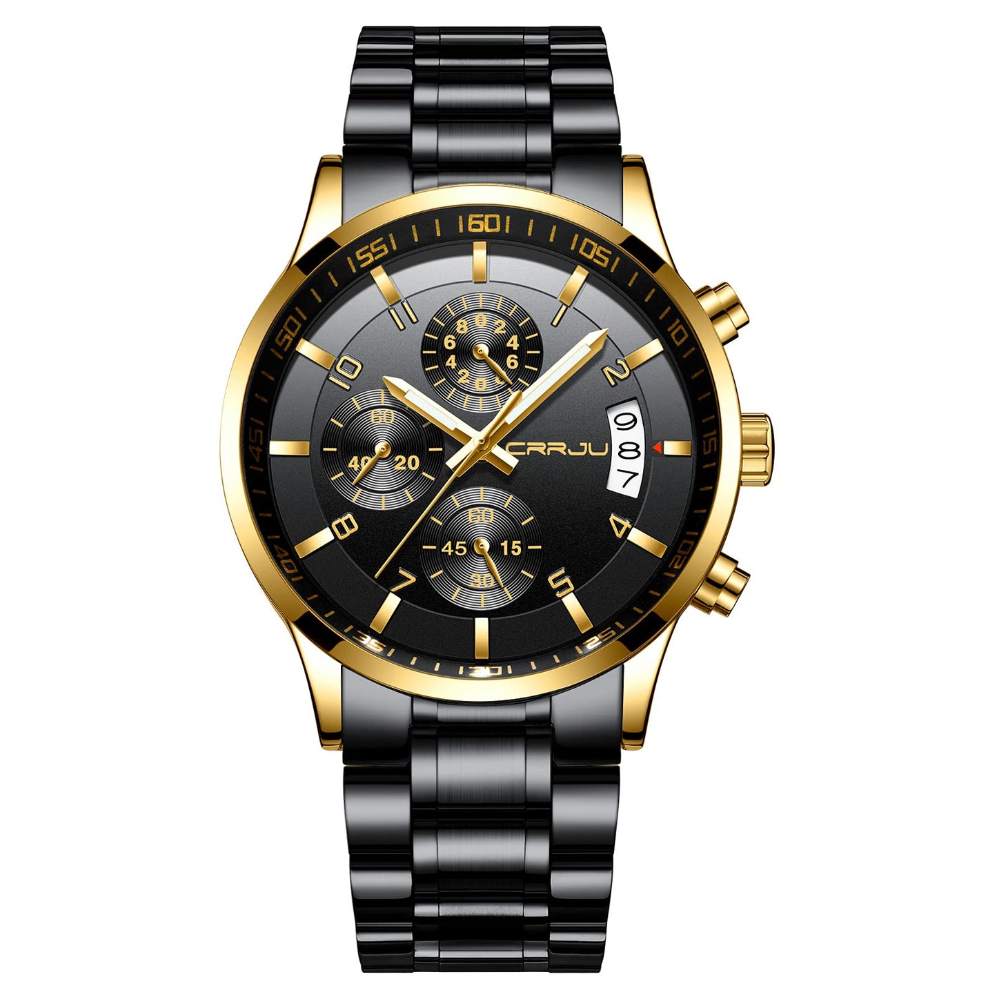 CRRJU Men's Fashion Stainless Steel Watches Date Waterproof Chronograph Wristwatches,Black Steel Band Waterproof Quartz Watch for Men