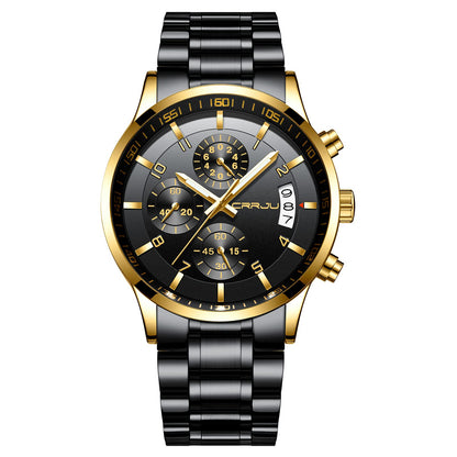 CRRJU Men's Fashion Stainless Steel Watches Date Waterproof Chronograph Wristwatches,Black Steel Band Waterproof Quartz Watch for Men