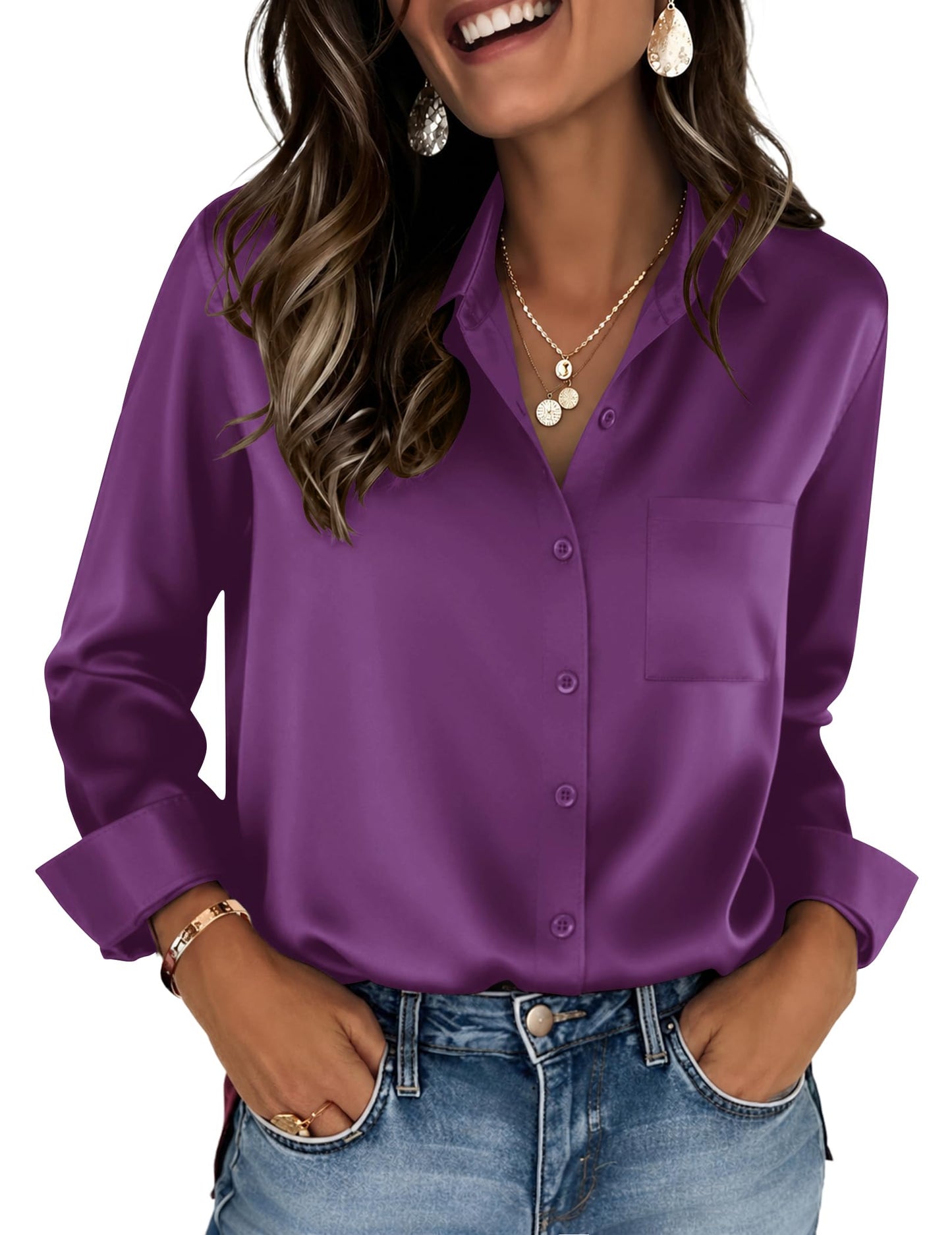 Zeagoo Womens Tops Satin Blouse Long Sleeve Shirts V Neck Dressy Casual | Button Down Business Outfits Fall Fashion With Pockets