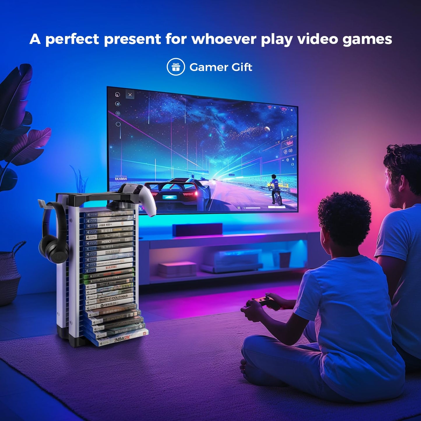 ASFSKY Video Game Storage Tower - 24 Games Holder Stand with 2 Controller Hooks Universal Video Game Organizer Compatible with PS5, PS4, Xbox & Switch Games (23Pcs)