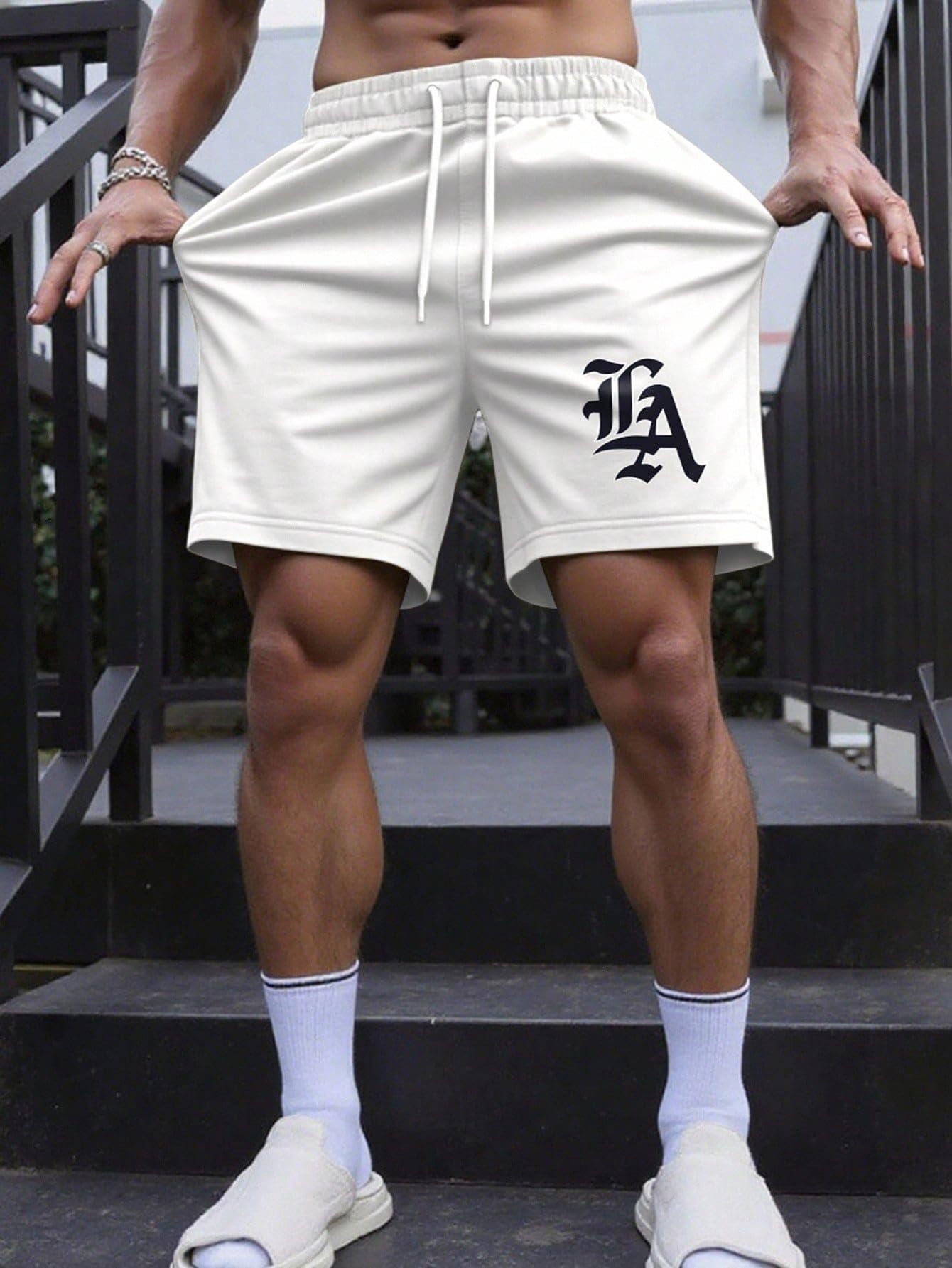 QJQ Men's Letter Graphic Drawstring Waist Shorts Summer Casual Workout Athletic Gym Track Shorts Streetwear