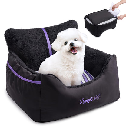 BurgeonNest Dog Car Seat for Small Dogs, Soft Pet Car Travel Home Bed Under 25 lbs, Fully Detachable and Washable Cat Booster Carseats with Storage Pockets and Clip-On Leash Portable Carrier,Black
