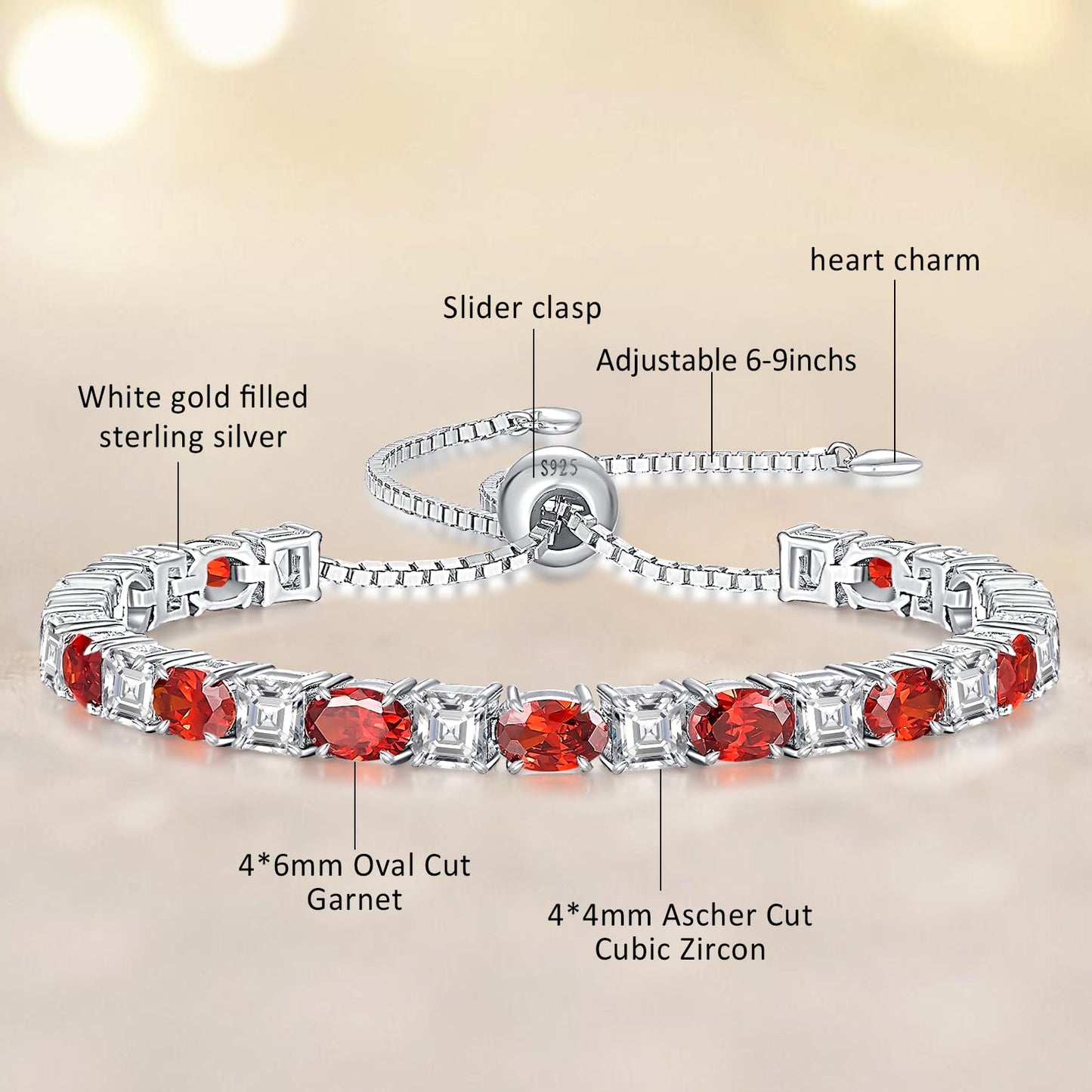 Sterling Silver Birthstone Bracelets for Women White Gold Tennis Bracelets Adjustable Chain 6-9 Inchs Jewelry Hypoallergenic Anniversary Birthday Gifts for Women Mom Wife Her