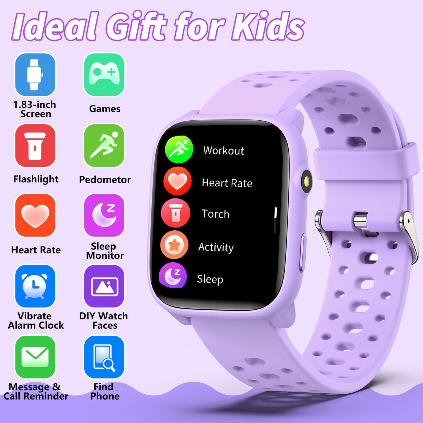 Smart Watch for Kids with 12 Puzzle Games, 1.83" Fitness Tracker Watch Heart Rate Sleep Monitor, Pedometer, Alarm Clock, Flashlight, Gift for 6-12 Year Old Boys Girls
