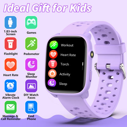 Smart Watch for Kids with 12 Puzzle Games, 1.83" Fitness Tracker Watch Heart Rate Sleep Monitor, Pedometer, Alarm Clock, Flashlight, Gift for 6-12 Year Old Boys Girls