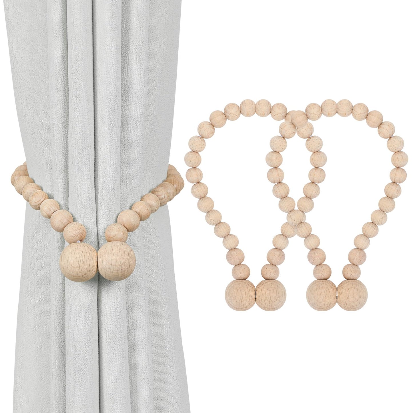 KLOGTSIND Magnetic Curtain Tiebacks, Curtain Holdbacks for Curtains 2 Pack, Wood Bead Curtain Holders for Boho Bedroom Decor, Baby Nursery Decor, Farmhouse Decor