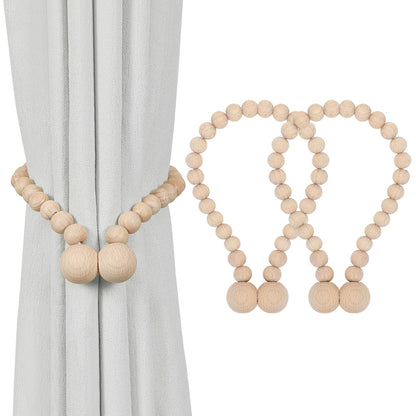 KLOGTSIND Magnetic Curtain Tiebacks, Curtain Holdbacks for Curtains 2 Pack, Wood Bead Curtain Holders for Boho Bedroom Decor, Baby Nursery Decor, Farmhouse Decor