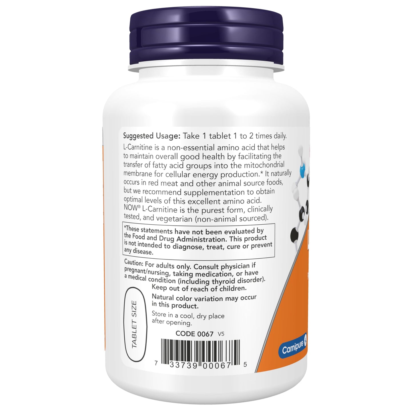 NOW Foods Supplements, L-Carnitine 1,000 mg, Purest Form, Amino Acid, Fitness Support*, 100 Tablets