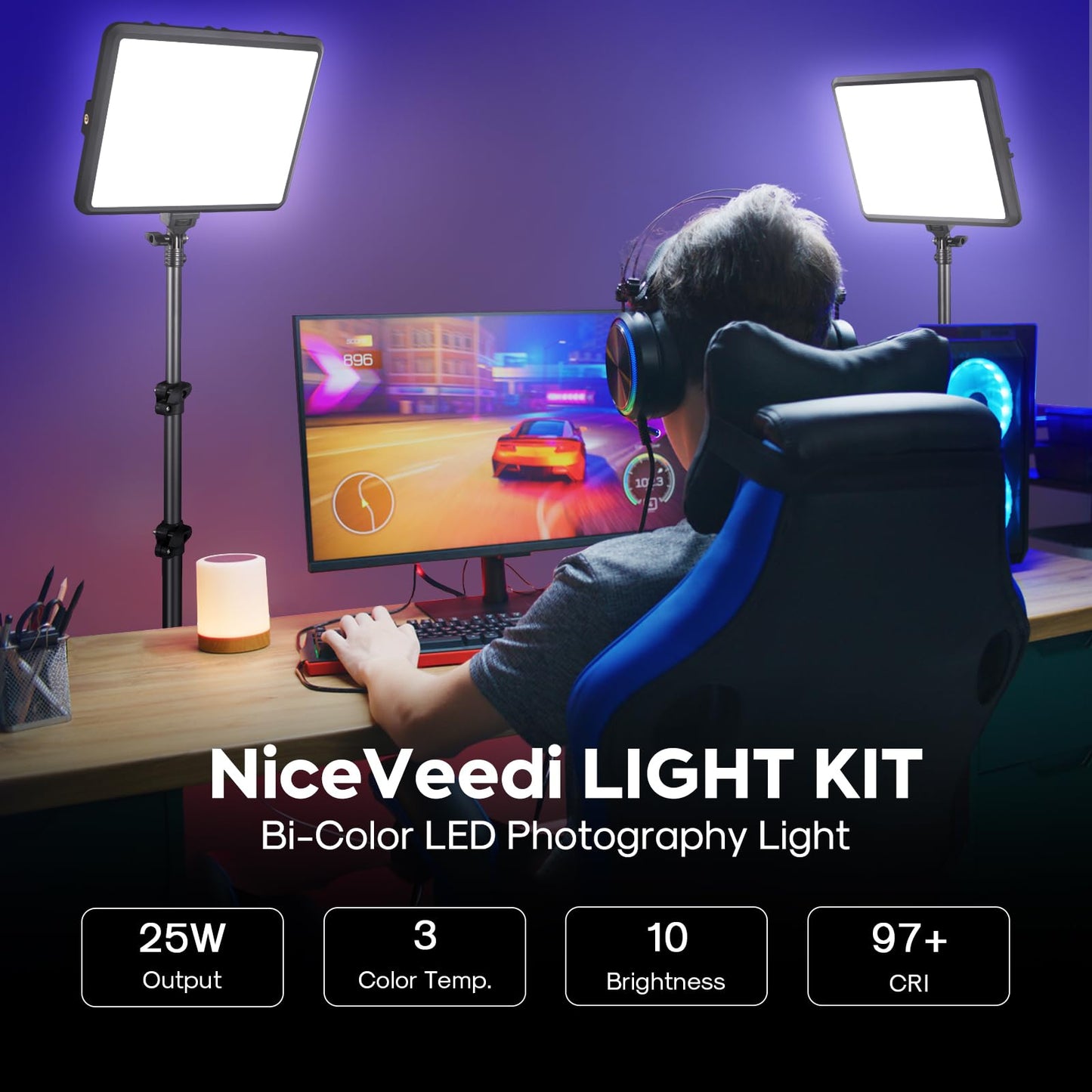 2-Pack LED Video Light Kit, NiceVeedi Studio Light, 2800-6500K Dimmable Photography Lighting Kit with Tripod Stand&Phone Holder, 73" Stream Light for Video Recording, Game Streaming, YouTube