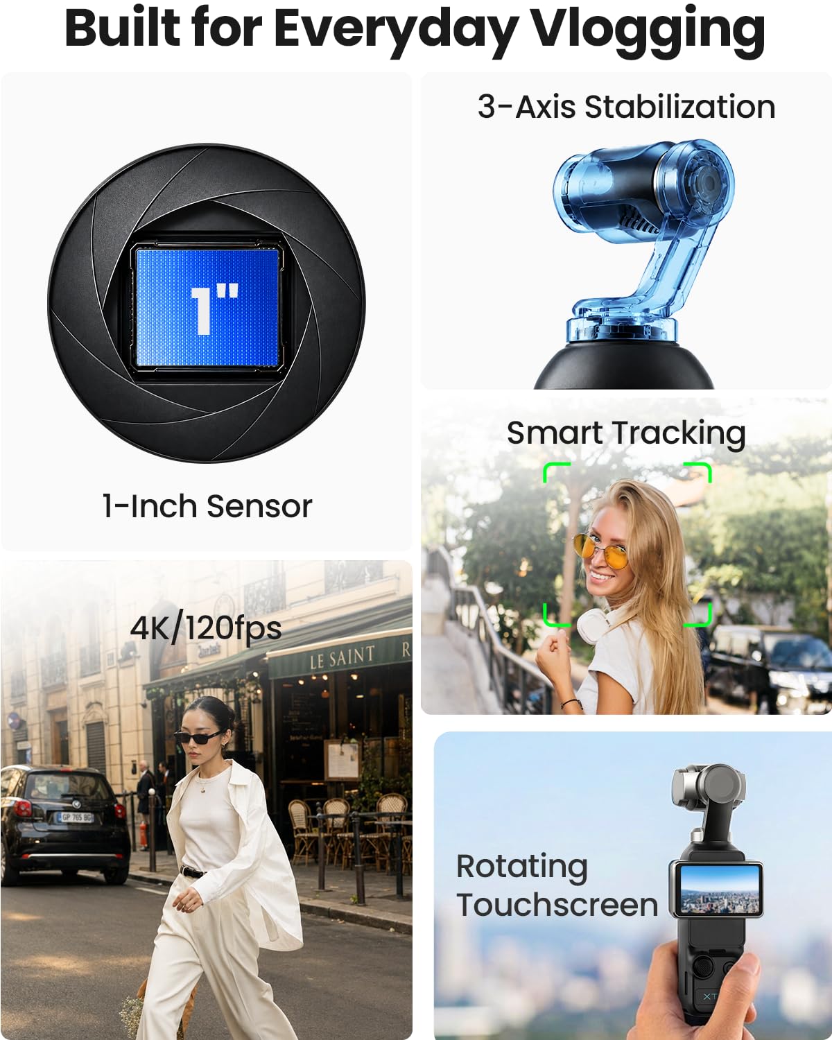 Xtra Muse, Vlogging Camera with 1'' CMOS & 4K/120fps Videos, Pocket Camera with 3-Axis Gimbal Stabilizer, Fast Focusing, Face/Object Tracking, Digital Video Camera for Photography, Digital Camera