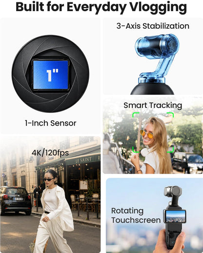 Xtra Muse, Vlogging Camera with 1'' CMOS & 4K/120fps Videos, Pocket Camera with 3-Axis Gimbal Stabilizer, Fast Focusing, Face/Object Tracking, Digital Video Camera for Photography, Digital Camera