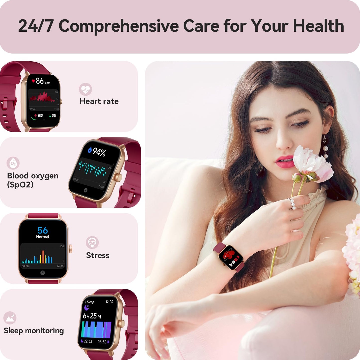 Smart Watch for Women Android & iPhone, Alexa Built-in, IP68 Waterproof Activity Fitness Tracker with Bluetooth Call (Answer/Make), 1.8" Smartwatch with Heart Rate/SpO2/Sleep Monitor, 100+ Sports Mode | Pink