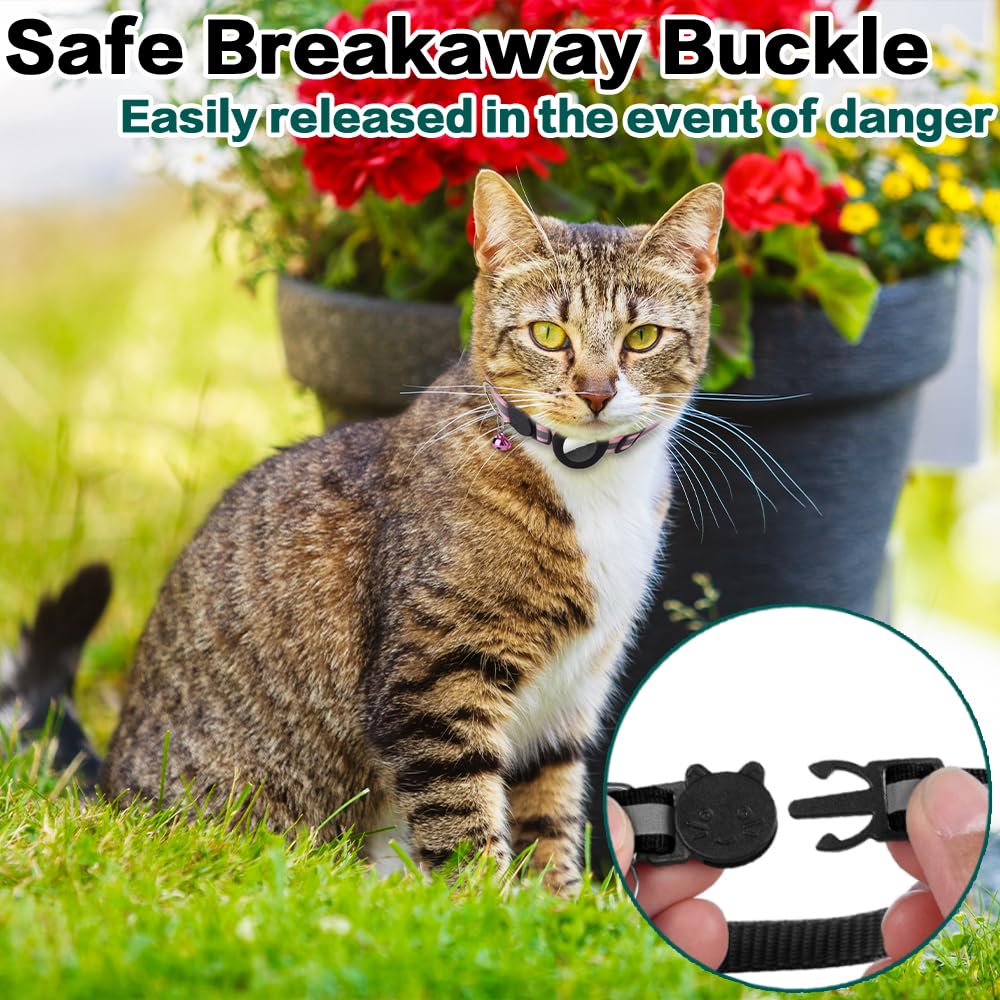 Airtag Cat Collar Breakaway, Cat Collar with Air Tag Holder(Black) | Safety Breakaway Buckle, Reflective Strip, Lightweight, Bell, 0.4 Inches in Width, Adjustable Size to Fit Different Cats
