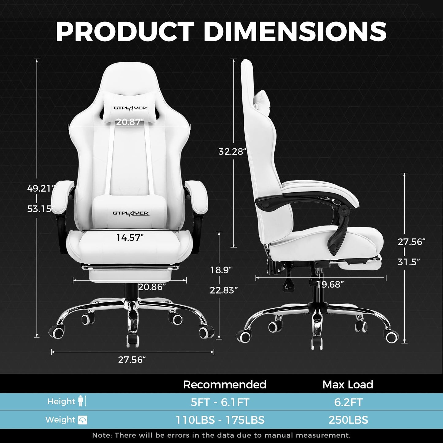 GTPLAYER Gaming Chair, Computer Chair with Footrest and Lumbar Support, Height Adjustable Game Chair with 360°-Swivel Seat and Headrest and for Office or Gaming (Pearl White)
