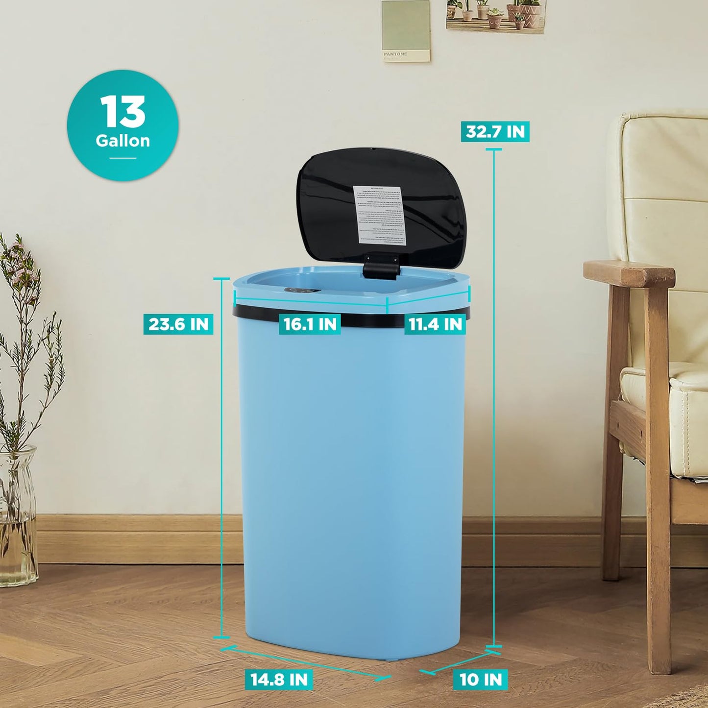 BestOffice | 13 Gallon Trash Can with Lid | Automatic Touchless Garbage Can | Odor Control | Modern Oval Design | Easy to Clean | Stainless Steel | Fits Any Kitchen, Bathroom, Office or Home
