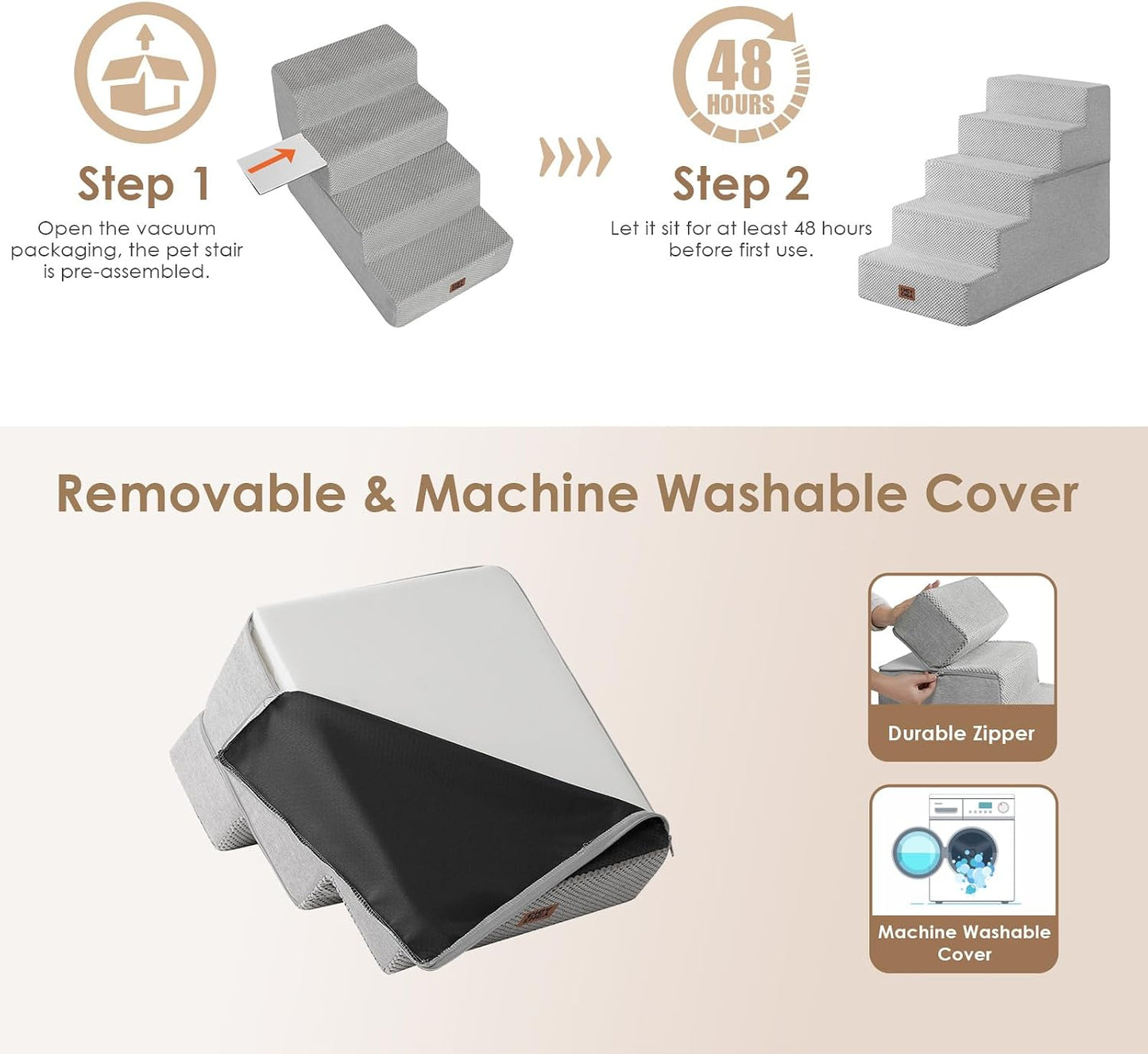 EHEYCIGA Dog Stairs for Small Dogs 13.5" H, 3-Step Dog Steps for Couch Sofa and Chair, Pet Steps for Medium Cats, Non-Slip Balanced Pet Ramp Indoor, Grey
