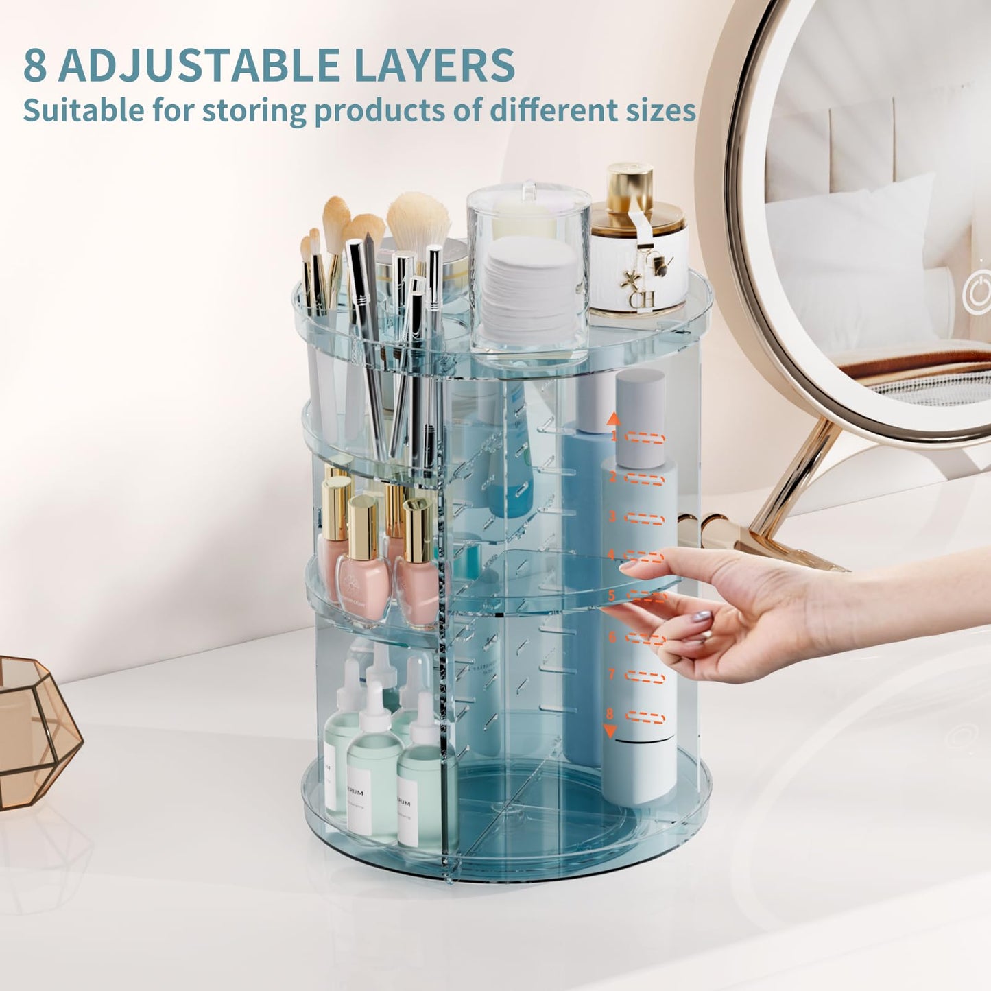 Rotating Makeup Organizer, DIY 8 Adjustable Layers Spinning Skincare Storage, Cosmetic Display Case with Brush Holder and Perfume Tray, Multi-Function Vanity Bathroom Countertop Organizer Black