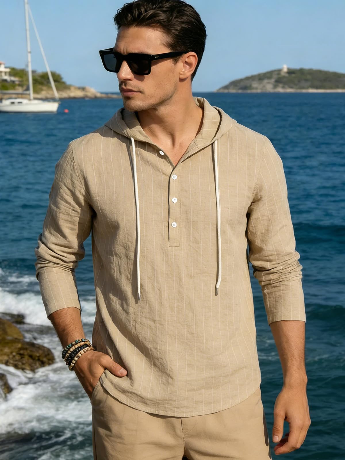 Mens Cotton Linen Hoodies Long Sleeve Button Down Shirts Casual Hawaiian Beach Yoga Sweatshirts