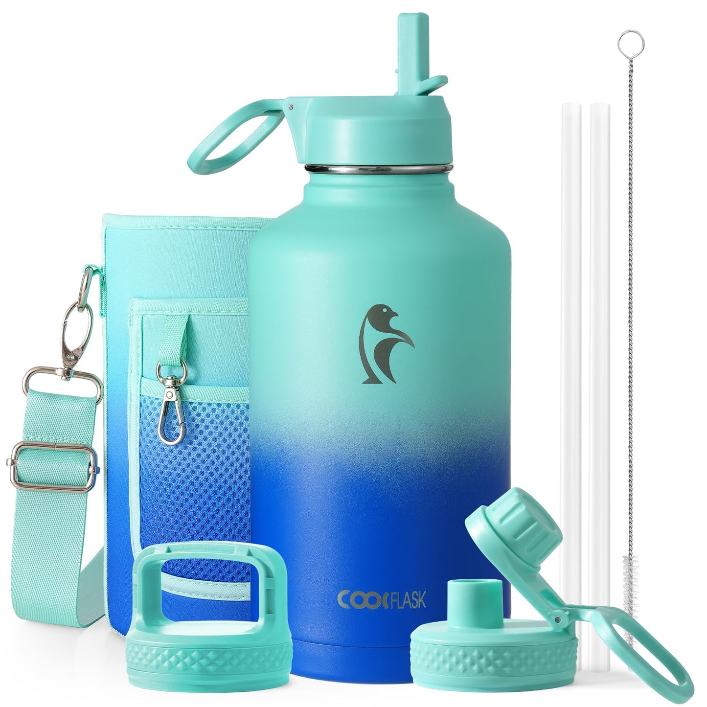 Half Gallon Water Bottle Insulated with Straw & 3 Lids, Coolflask 64 oz Water Jug Large Metal Stainless Steel Wide Mouth for Sports, Gym or Office, Non-BPA Keep Cold 48H Hot 24H, Samurai Cyan