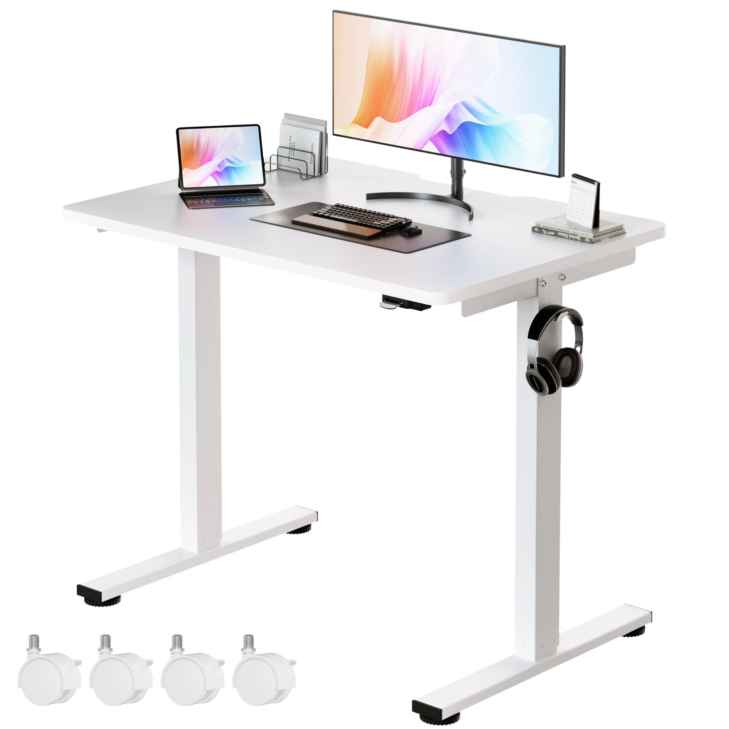 Okin Small Electric Standing Desk, 36" x 24" Whole Piece Height Adjustable Desk, Oak Sit to Stand Computer Workstation with Wheels for Home Office