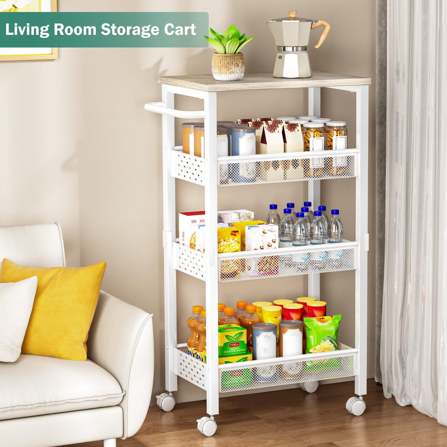 Vivihomety Utility Slim Storage Cart with Wheels, 4 Tier Small Rolling Cart with Wood Top, Metal Kitchen Bathroom Laundry Room Organization Trolley with Handle for Narrow Space – Black