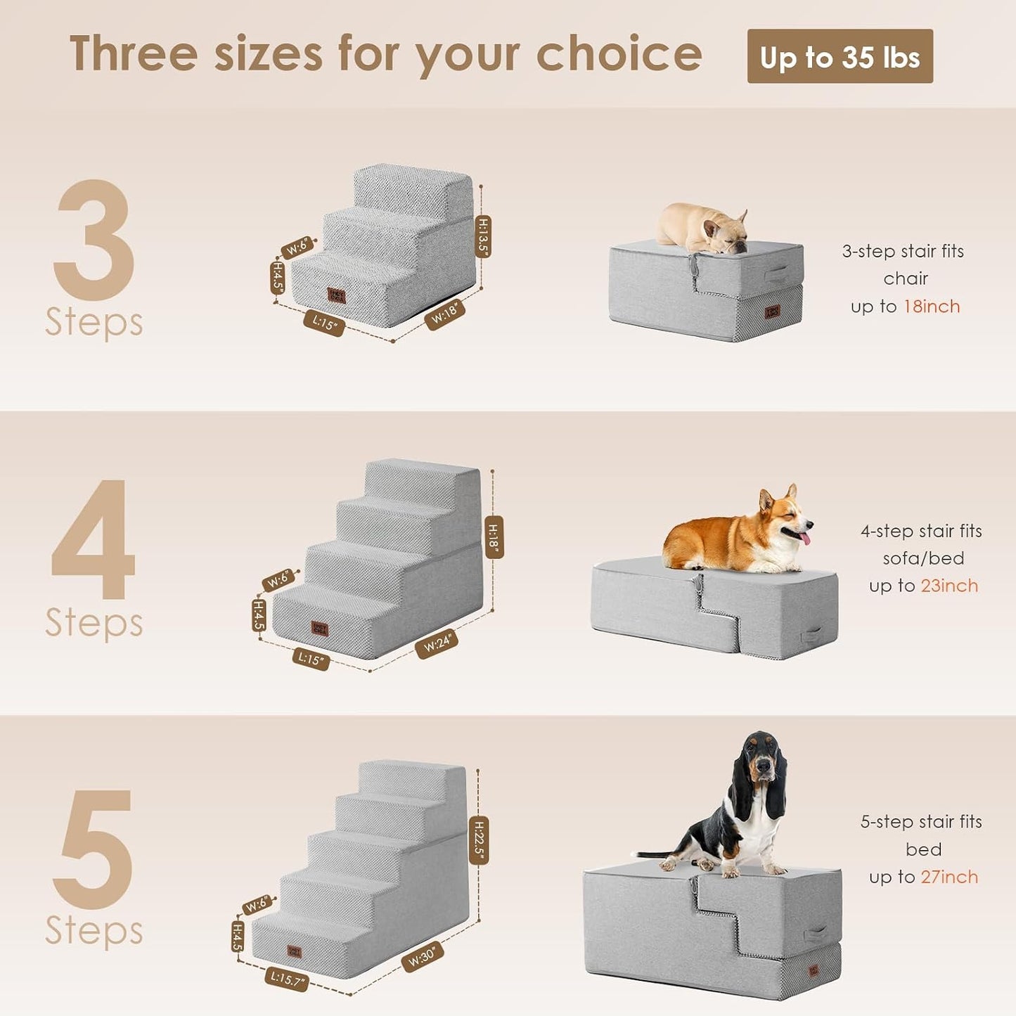 EHEYCIGA Dog Stairs for Small Dogs 13.5" H, 3-Step Dog Steps for Couch Sofa and Chair, Pet Steps for Medium Cats, Non-Slip Balanced Pet Ramp Indoor, Grey