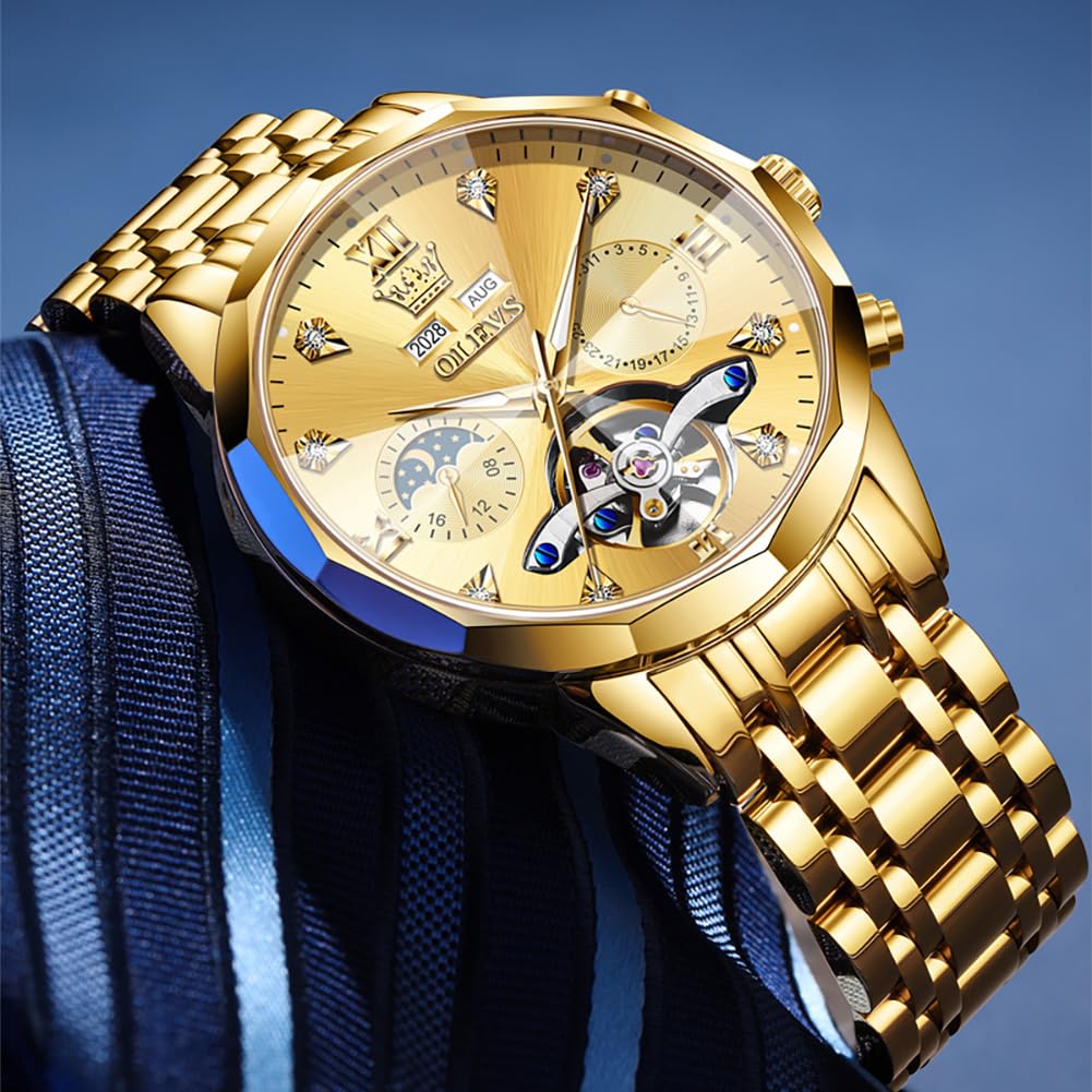 OLEVS Skeleton Men Watches Automatic Business Luxury Diamond Self Winding Watch for Men Stainless Steel Calendar Wrist Watch