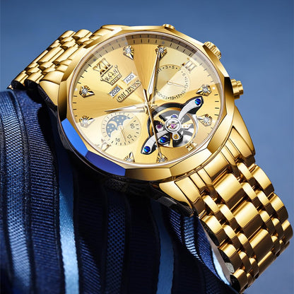 OLEVS Skeleton Men Watches Automatic Business Luxury Diamond Self Winding Watch for Men Stainless Steel Calendar Wrist Watch