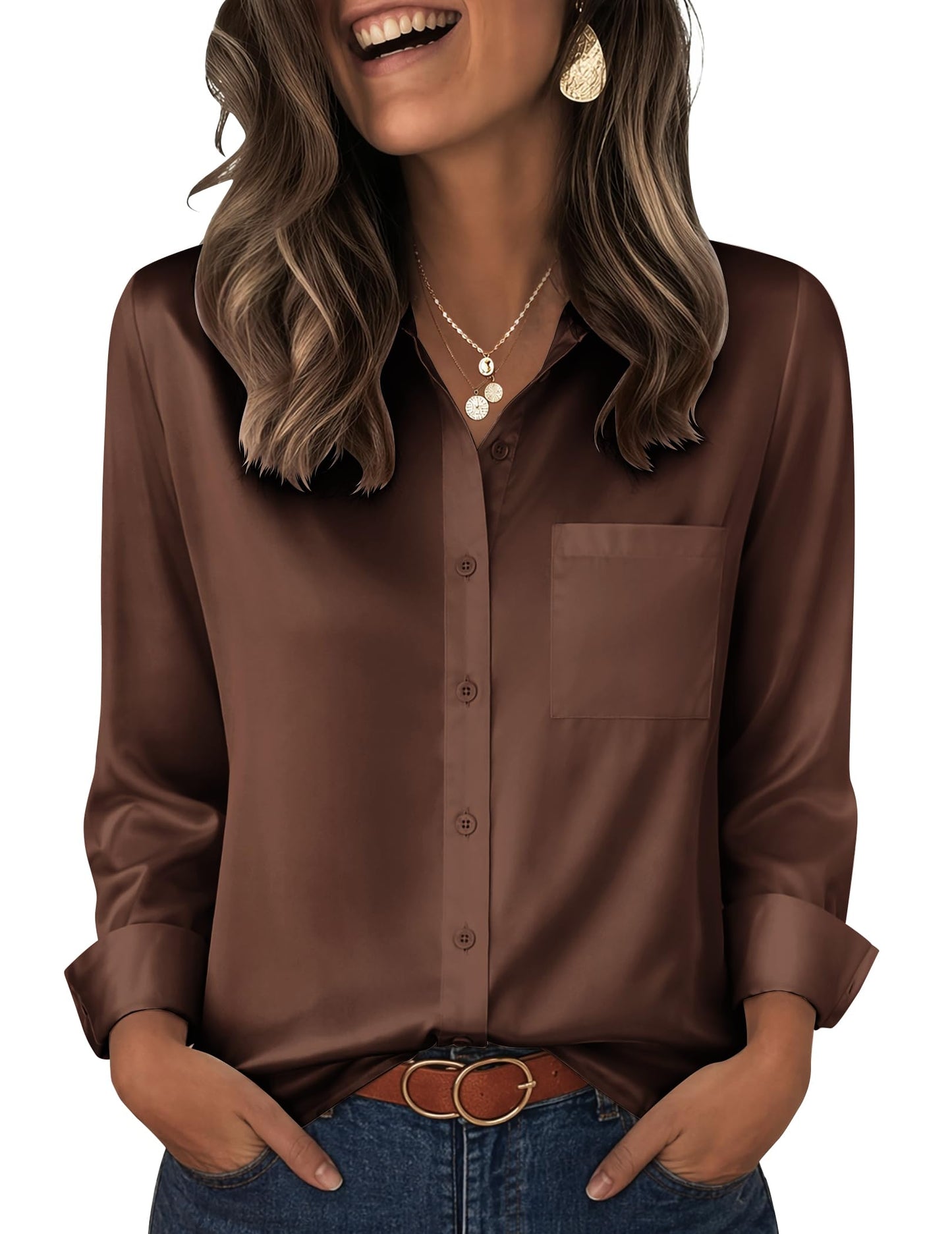 Zeagoo Womens Tops Satin Blouse Long Sleeve Shirts V Neck Dressy Casual | Button Down Business Outfits Fall Fashion With Pockets