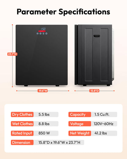 EUHOMY 1.5 Cu.ft Portable Dryer with 4 Drying Programs, 5.5lbs Clothes Capacity, Mirror Finish & LCD Panel, 850W Portable Clothes Dryer for Apartment, Dorm & RV, Black