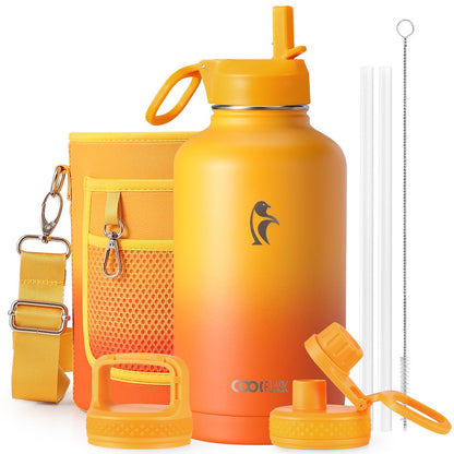 Half Gallon Water Bottle Insulated with Straw & 3 Lids, Coolflask 64 oz Water Jug Large Metal Stainless Steel Wide Mouth for Sports, Gym or Office, Non-BPA Keep Cold 48H Hot 24H, Samurai Cyan