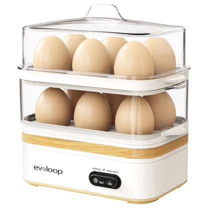 Evoloop Rapid Egg Cooker Electric 12 Eggs Capacity, Soft, Medium, Hard Boiled, Poached, Omelet Maker Egg Poacher & Vegetable Steamer, BPA Free Tray