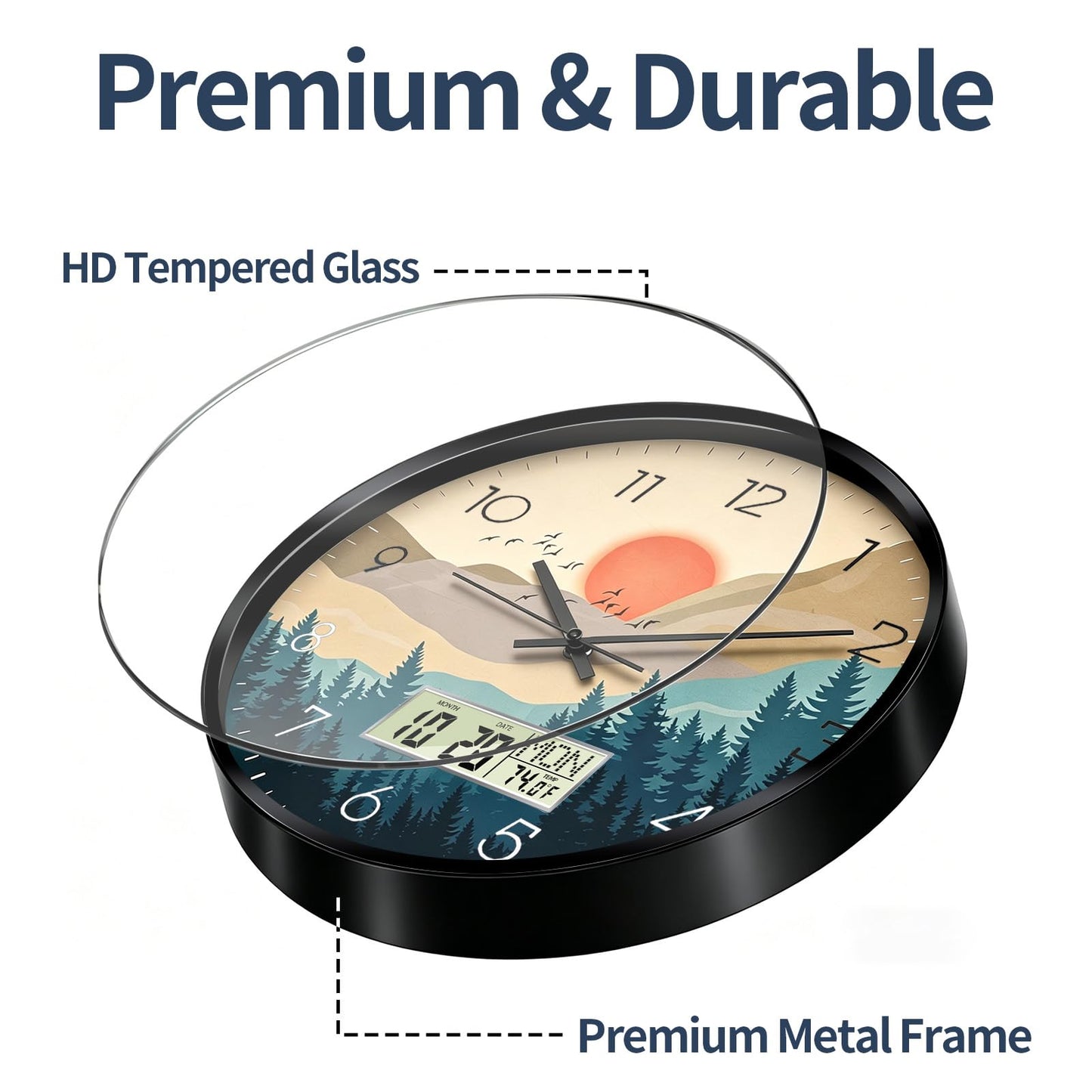 Wilderness Sunset Wall Clock, 12 Inch Silent Non-Ticking Battery Operated Analog Clock with LCD Date Day Temp Display, Decorative for Living Room, Bedroom, Kitchen, Office, Farmhouse, Cabin