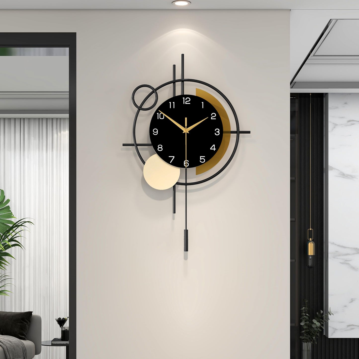Wall Clock Decorative Large Modern Wall Clock Silent Non-Ticking Battery Operated Gold Unique Pendulum Clock for Living Room,Bedroom,Office,Kitchen,Bathroom,Wall Decor 13.8x21.9in