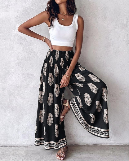 CHICME Boho Floral Shirred High Waisted Wide Leg Pants Flowy Palazzo Pants Summer Beach Vacation Wear