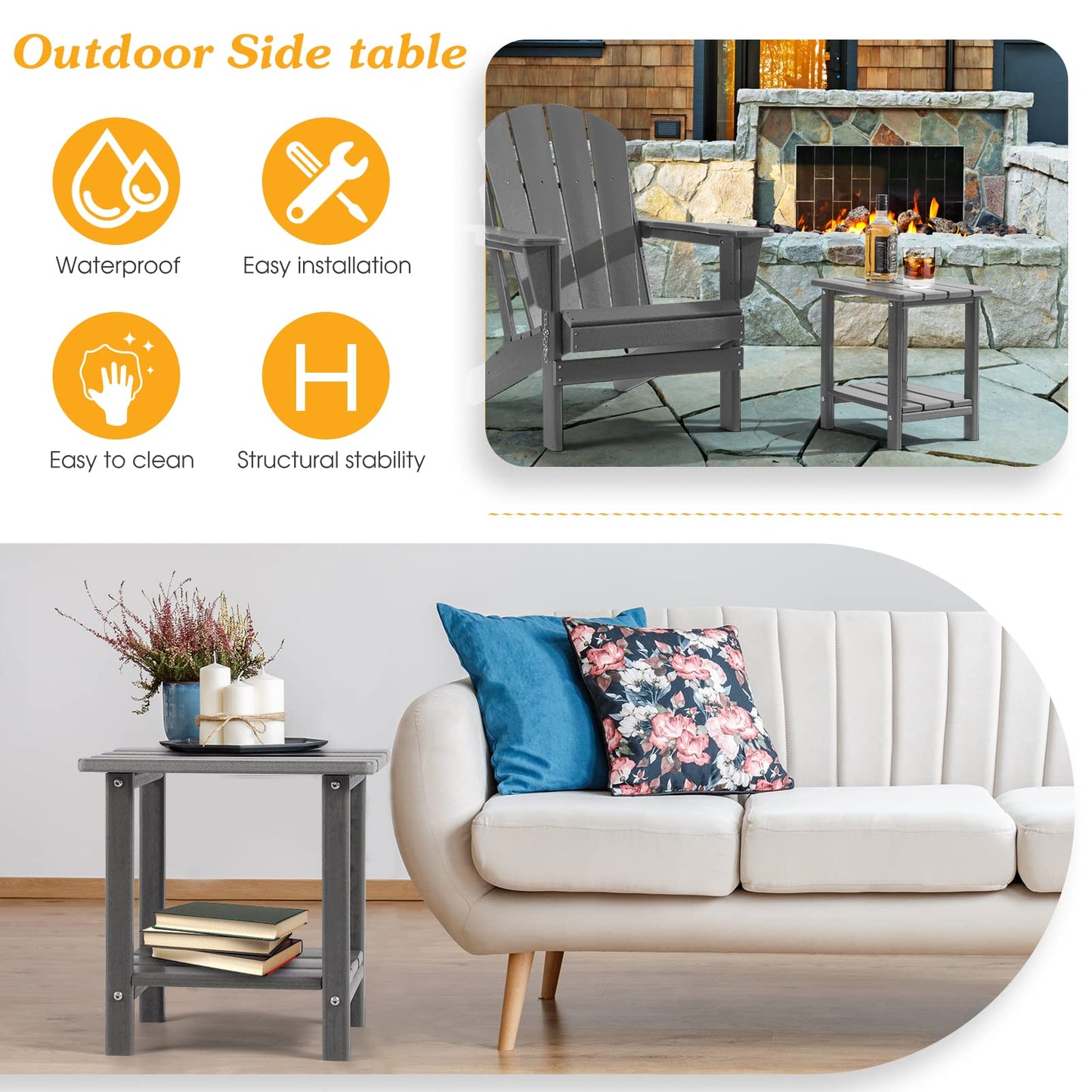 Apolimi Adirondack Outdoor Side Table, 2-Tier Sturdy Patio End Table Weather Resistant, 16.5" Solid Side Table for Patio, Pool, Porch