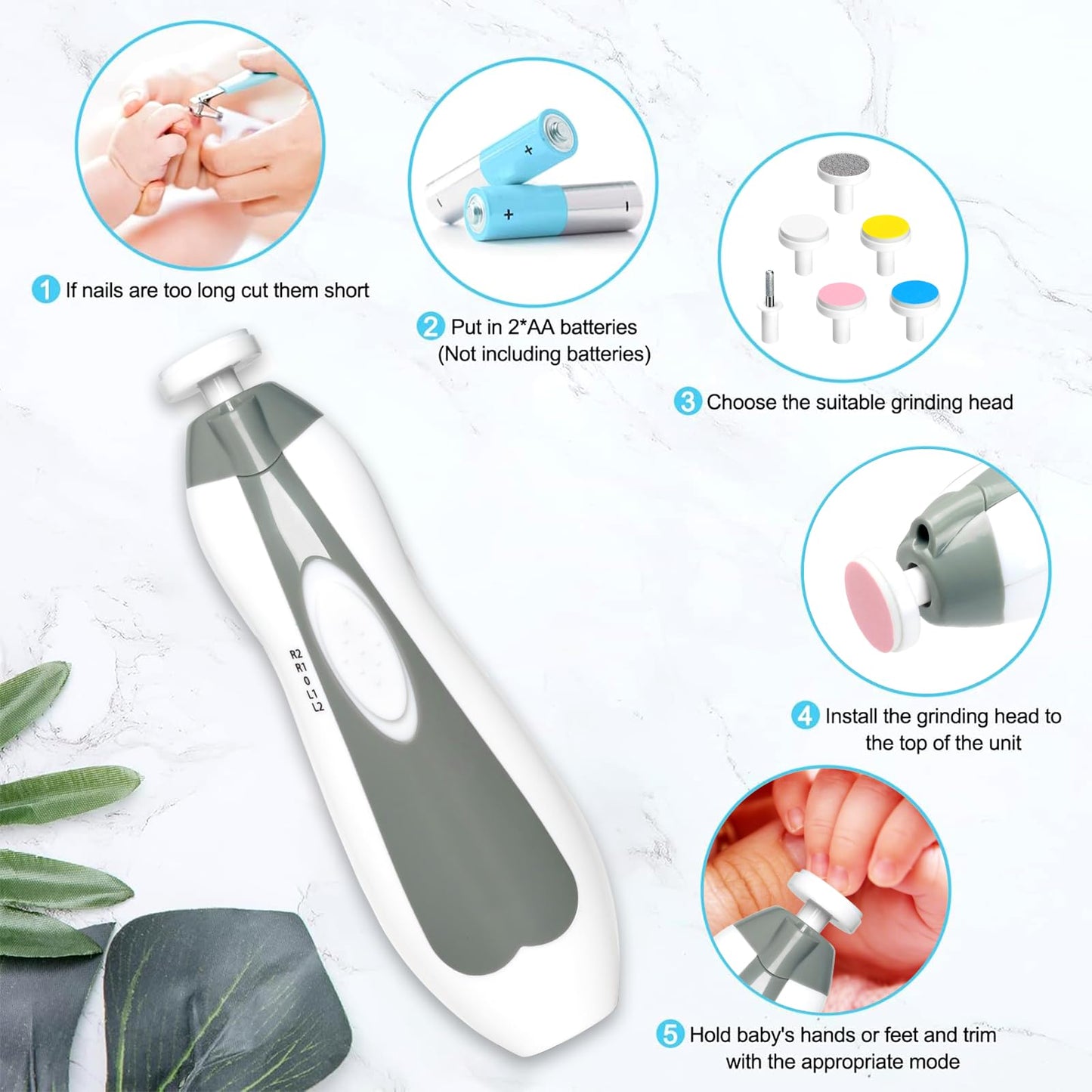 Electric Nail File Drill for Baby No Sharp Claws Hurt, 6 in 1 Safety Cutter Trimmer Clipper for Toes and Fingers (Blue)