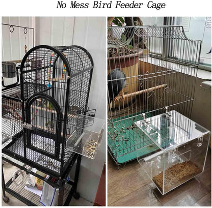 No Mess Bird Feeder for Cage, Automatic Acrylic Bird Feeder Seed Catcher Tray Cage with Stainless Steel Hooks for Small Parrots Canary Parakeet Budgerigar Crested Cockatiel Lovebird (Small)
