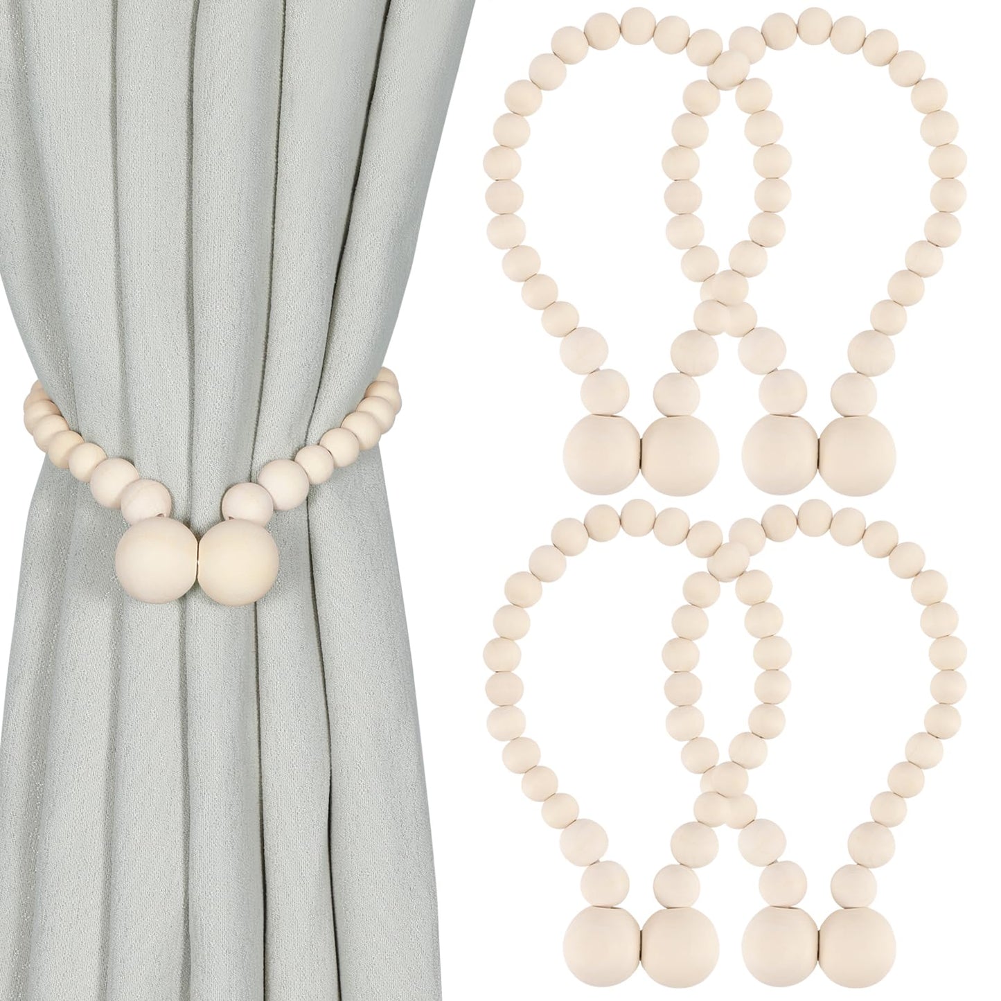 KLOGTSIND Magnetic Curtain Tiebacks, Curtain Holdbacks for Curtains 2 Pack, Wood Bead Curtain Holders for Boho Bedroom Decor, Baby Nursery Decor, Farmhouse Decor