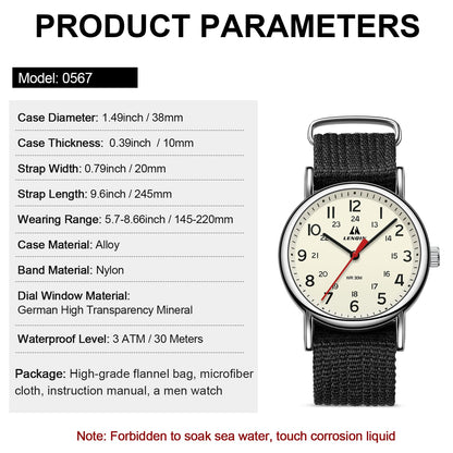 LN LENQIN Mens Watches Unisex Military Sport Nylon Strap Stylish Luminous Fashion Analog Quartz Watch for Men Waterproof Army Tactical Casual Wristwatch
