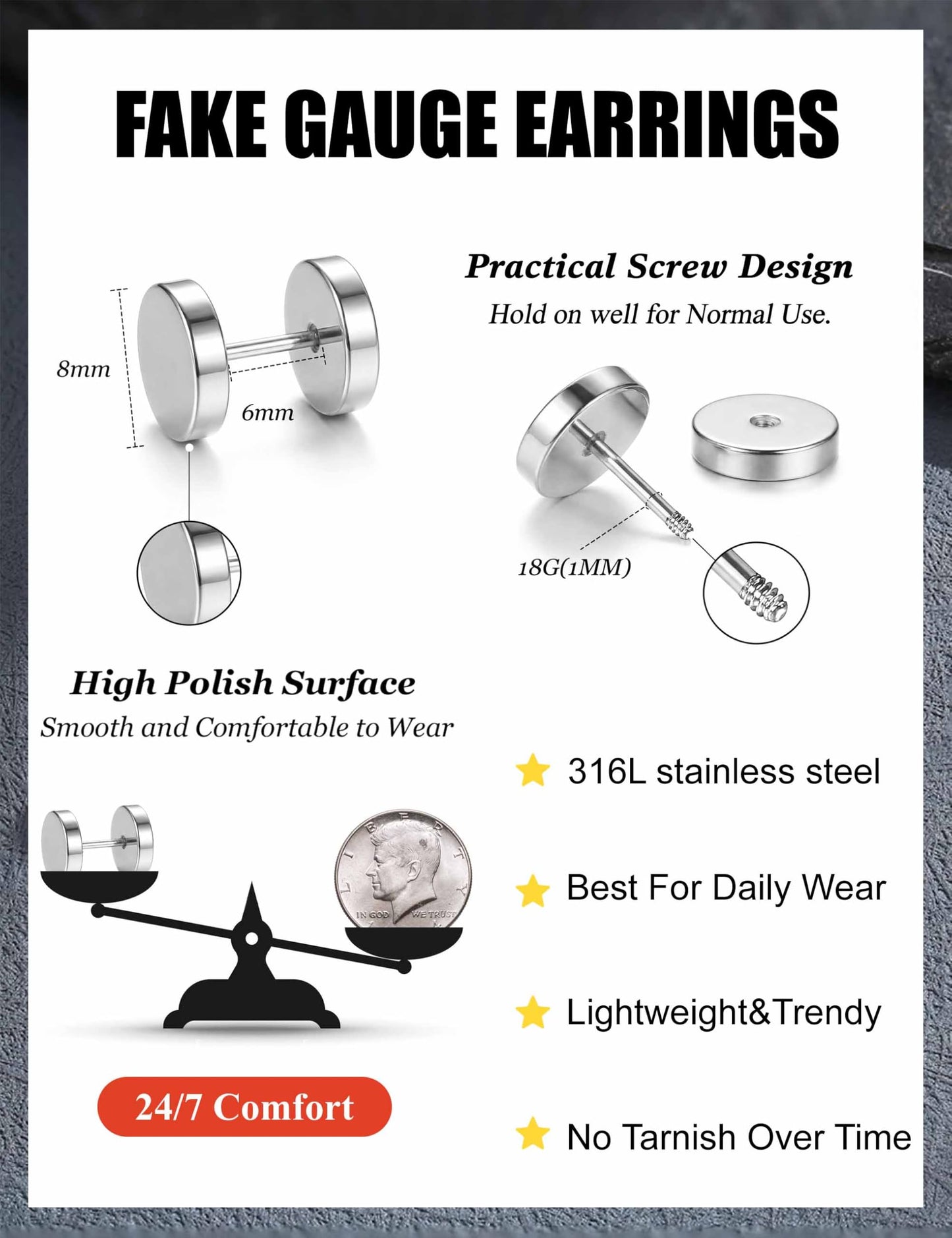 FIBO STEEL 6 Pairs Stainless Steel Black Stud Earrings for Men Women Faux Gauges Ear Tunnel Fake Gauge Earrings 3-8mm