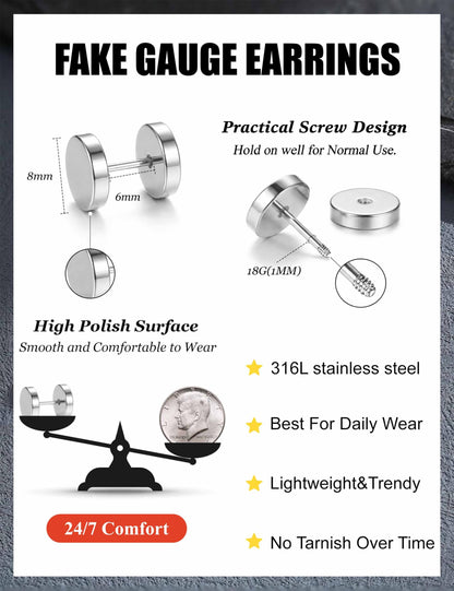 FIBO STEEL 6 Pairs Stainless Steel Black Stud Earrings for Men Women Faux Gauges Ear Tunnel Fake Gauge Earrings 3-8mm