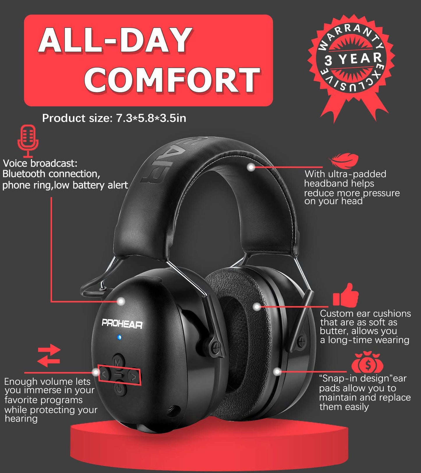 PROHEAR 037 Bluetooth 6.0 Hearing Protection Headphones with Rechargeable 1500mAh Battery, 30dB SNR Safety Noise Reduction Ear Muffs 120H Playtime for Mowing, Workshops, Snowblowing - Black