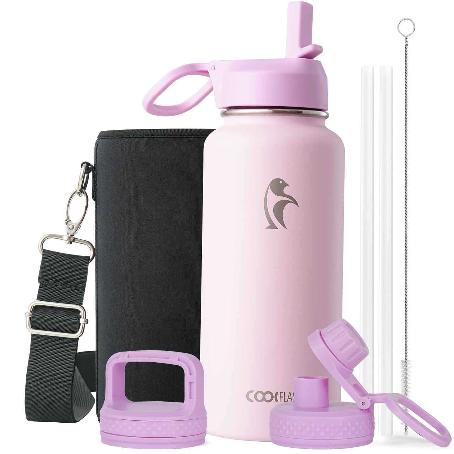 Half Gallon Water Bottle Insulated with Straw & 3 Lids, Coolflask 64 oz Water Jug Large Metal Stainless Steel Wide Mouth for Sports, Gym or Office, Non-BPA Keep Cold 48H Hot 24H, Samurai Cyan