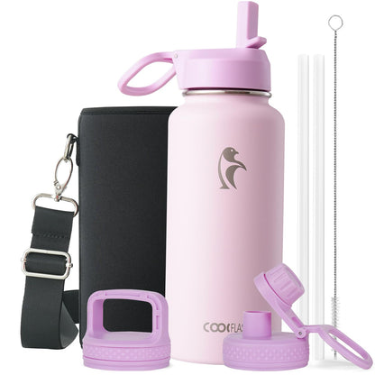 Half Gallon Water Bottle Insulated with Straw & 3 Lids, Coolflask 64 oz Water Jug Large Metal Stainless Steel Wide Mouth for Sports, Gym or Office, Non-BPA Keep Cold 48H Hot 24H, Samurai Cyan