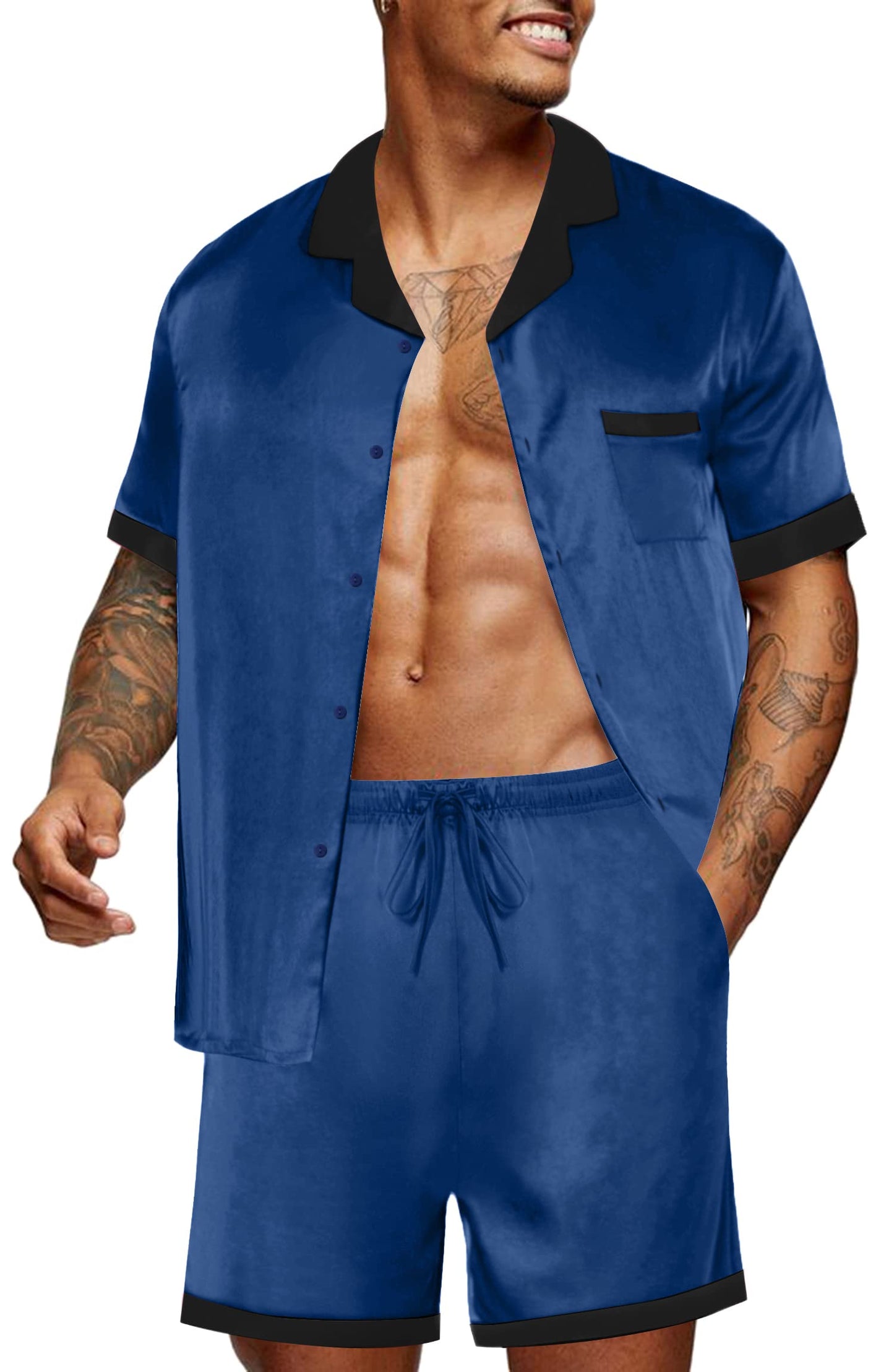 Ekouaer Men Satin Silk Pajamas Set with Pockets Sleepwear Shorts Satin Summer Loungewear 2 Piece Button Down Set S-3XL