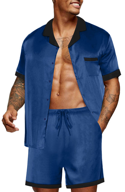Ekouaer Men Satin Silk Pajamas Set with Pockets Sleepwear Shorts Satin Summer Loungewear 2 Piece Button Down Set S-3XL